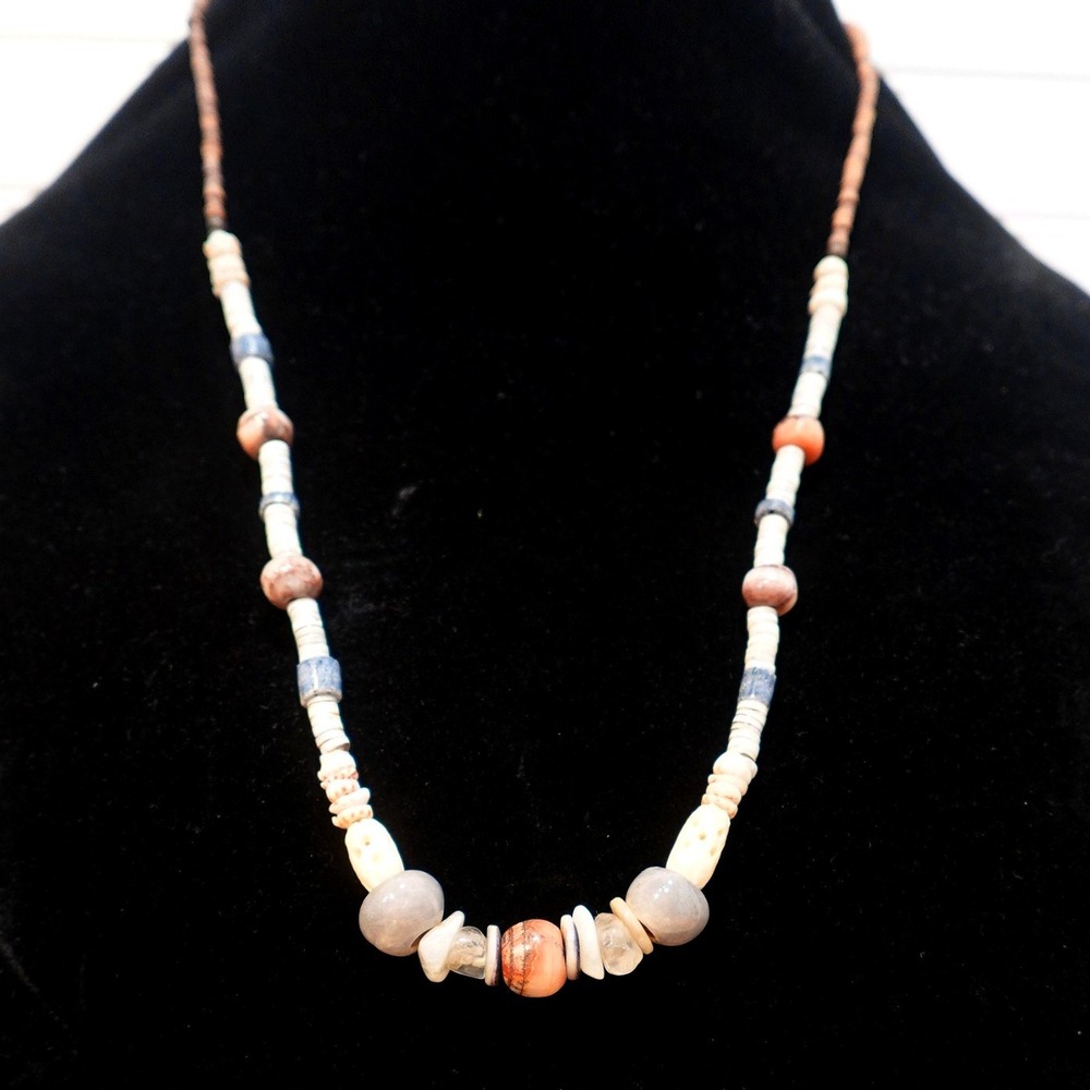 Vintage Boho Necklace Retro Multicolor‎ Carnelian Shell Bone Rock Cork Beads